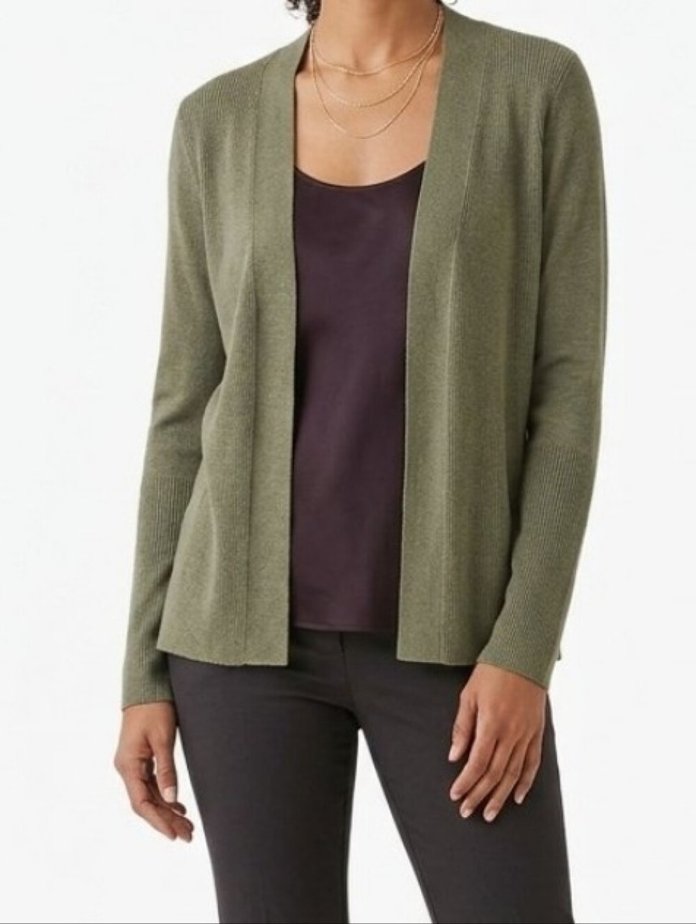 Alfani 100% Silk Womens Open Front Ribbed Knit Cardigan Sweater Olive Green Sz M